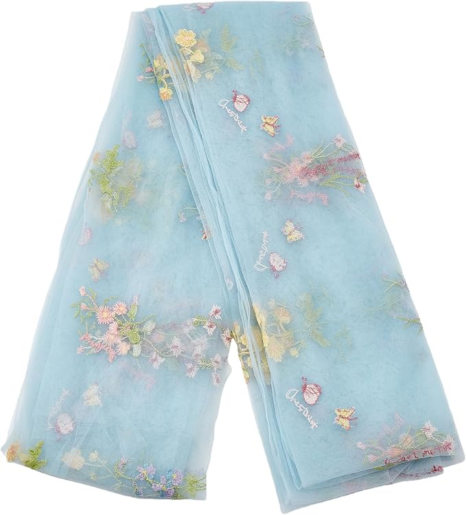 2 Yard Embroidered Flower Fabric, 51 Inch Wide Light Blue Tulle Lace Trim 3D Floral Mesh Embroidery Fabric, Polyester Soft Dress Fabric for DIY Clothing Dresses Wedding