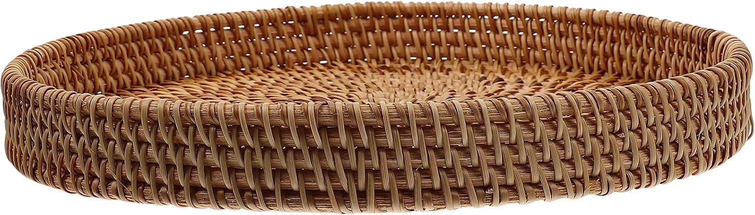 Light Brown Rattan Wicker Basket - 8.66 Inch Round Multi-Function Serving Tray for Coffee Table, Snacks, Fruits, Desserts, Home Decor