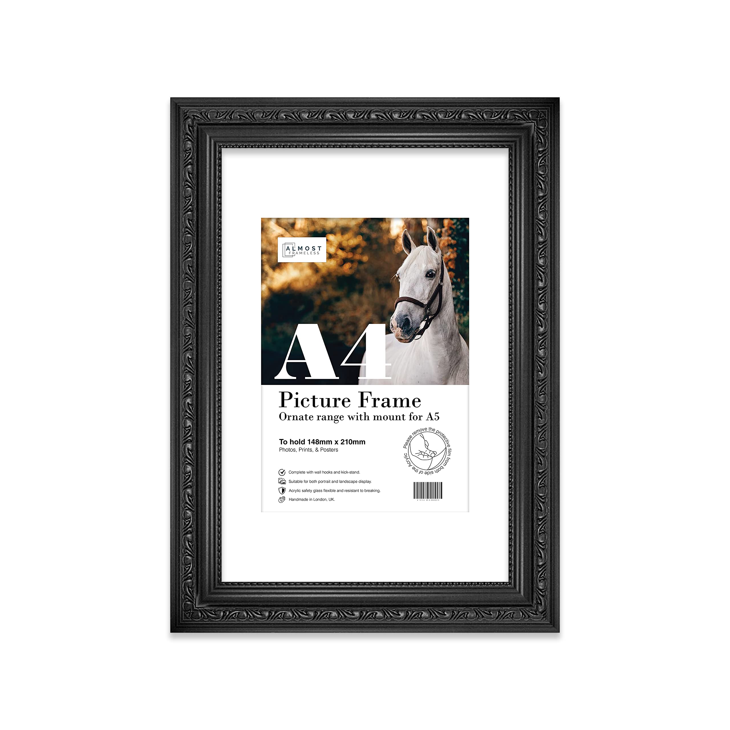 Almost Frameless A4 Black Ornate Picture Frame With White Mount for A5 (14.8 x 21cm - 5.8 x 8.3in) Poster, Photo, Artwork, or Print. Shabby Chic Style Portrait and Landscape Display with Wall Hooks