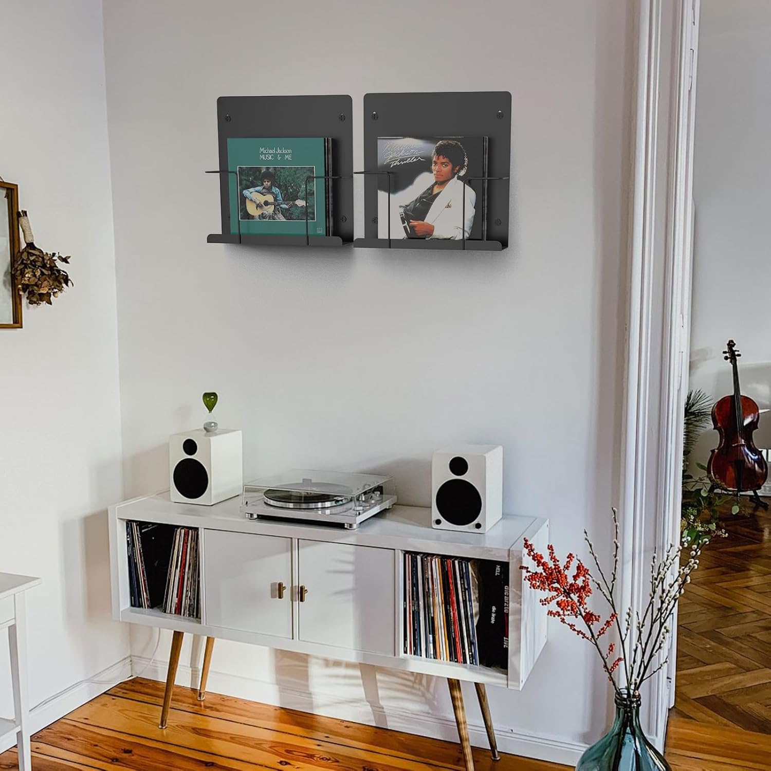 Vinyl Storage Display Holder 2 Pack, 12.9 in Wall Mount Vinyl Record Shelf, Fits 30 LPs Solid Steel Wall Mount and Record Display, Black