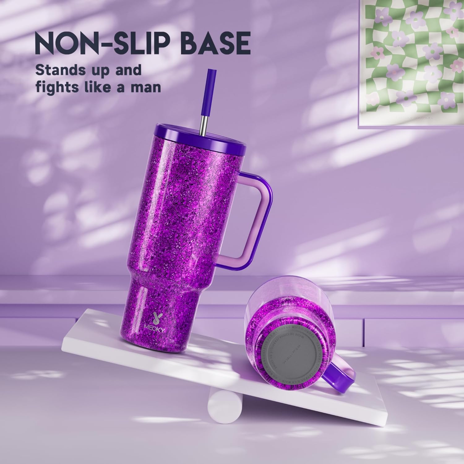 Meoky Tumbler with Handle and Straw for Women: 40 oz Stainless Steel Insulated Tumbler with Lid and Straw 100% Leakproof for Car Travel Home - Fashion Enthusiasts, Lavender - Image 4