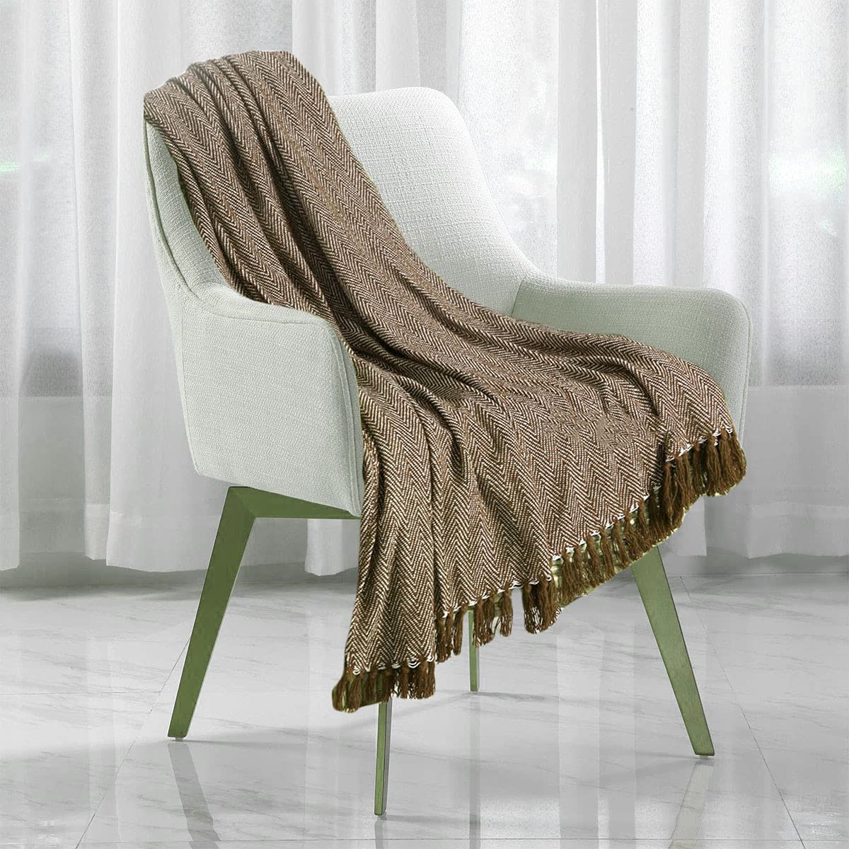 Herringbone Throw for Sofa and Bed, Large 3 Seater Sofa Cover, Single and Double King Size Bed Blanket, Chocolate brown Throw Double (229cms x 254cms) — image 1