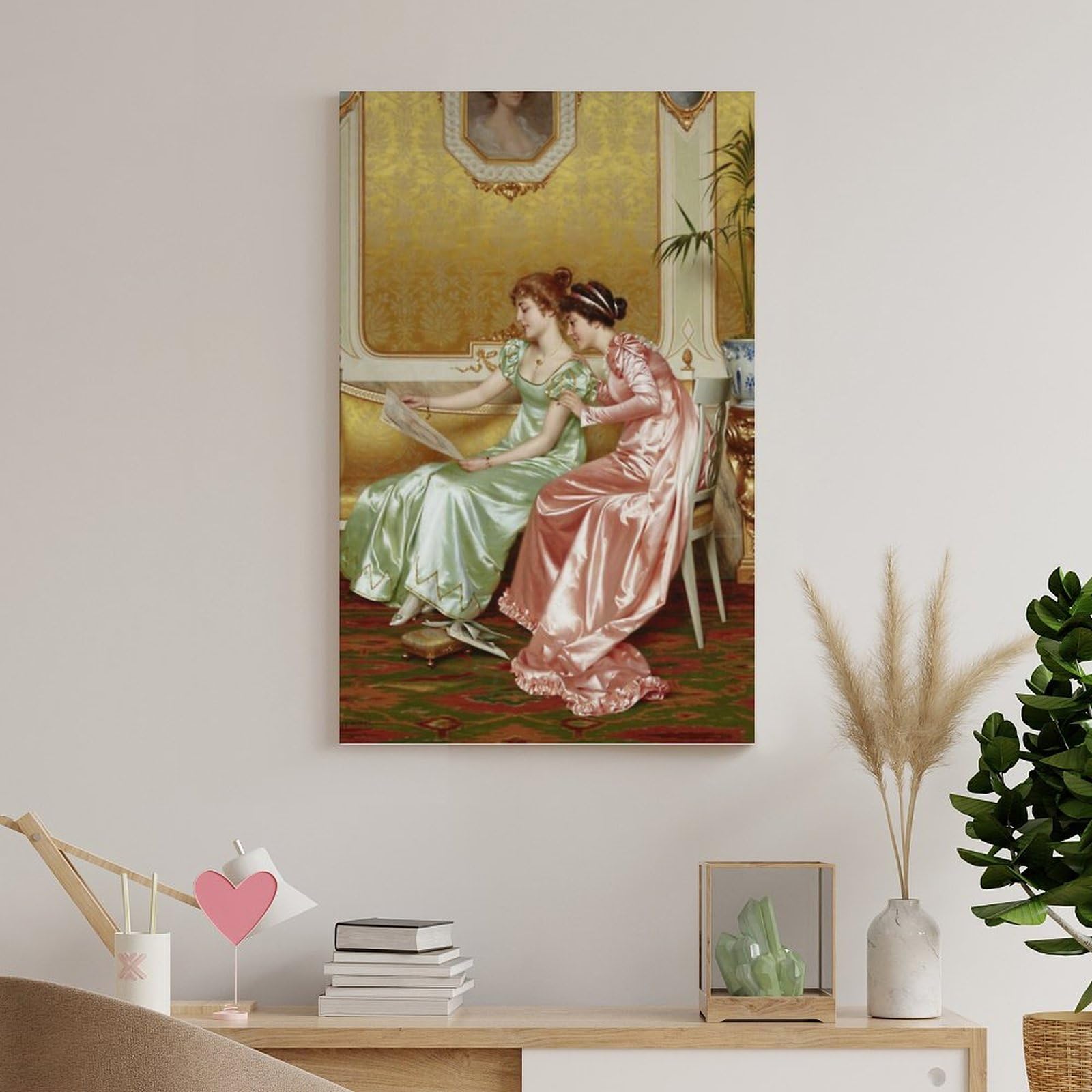 Vittorio Reggianini - Dos elegantes damas jóvenes en un interior examinando una revista, póster de lienzo, póster de pared, impresión artística para el hogar, decoración moderna, 60 x 90 cm