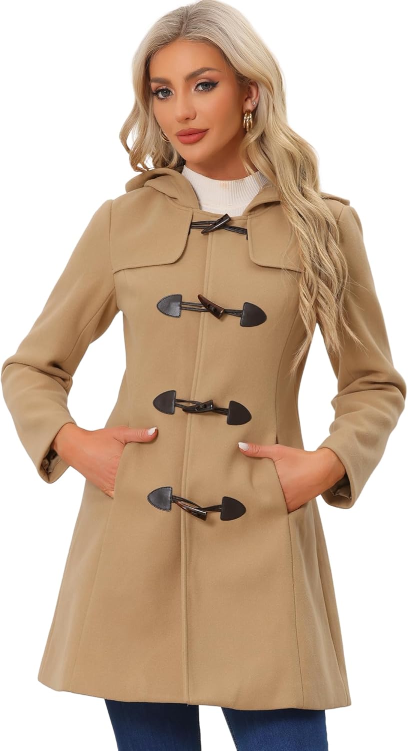 Allegra K Women's Winter Overcoat Mid-thigh Hooded Toggle Duffle Long Coat