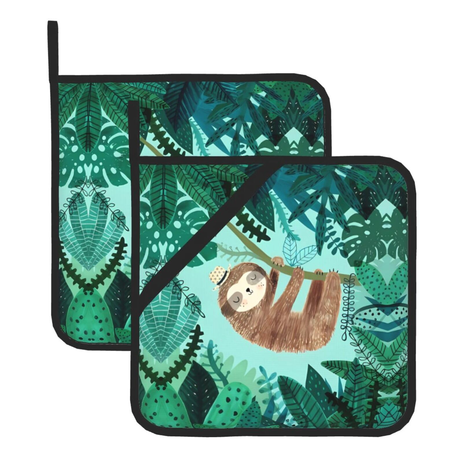Hjfczh Black Hug Tree Sloth Prints Square Hot Pads Set Of 2 - Waterproof Kitchen Covers For Pots & Pans, Heat Resistant Layers With Hanging Loop - Great For Oven & Bbq