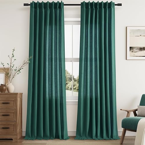 Aersas Dark Green Pinch Pleated Linen Curtains 96 Inch Length 2 Panels for Livin