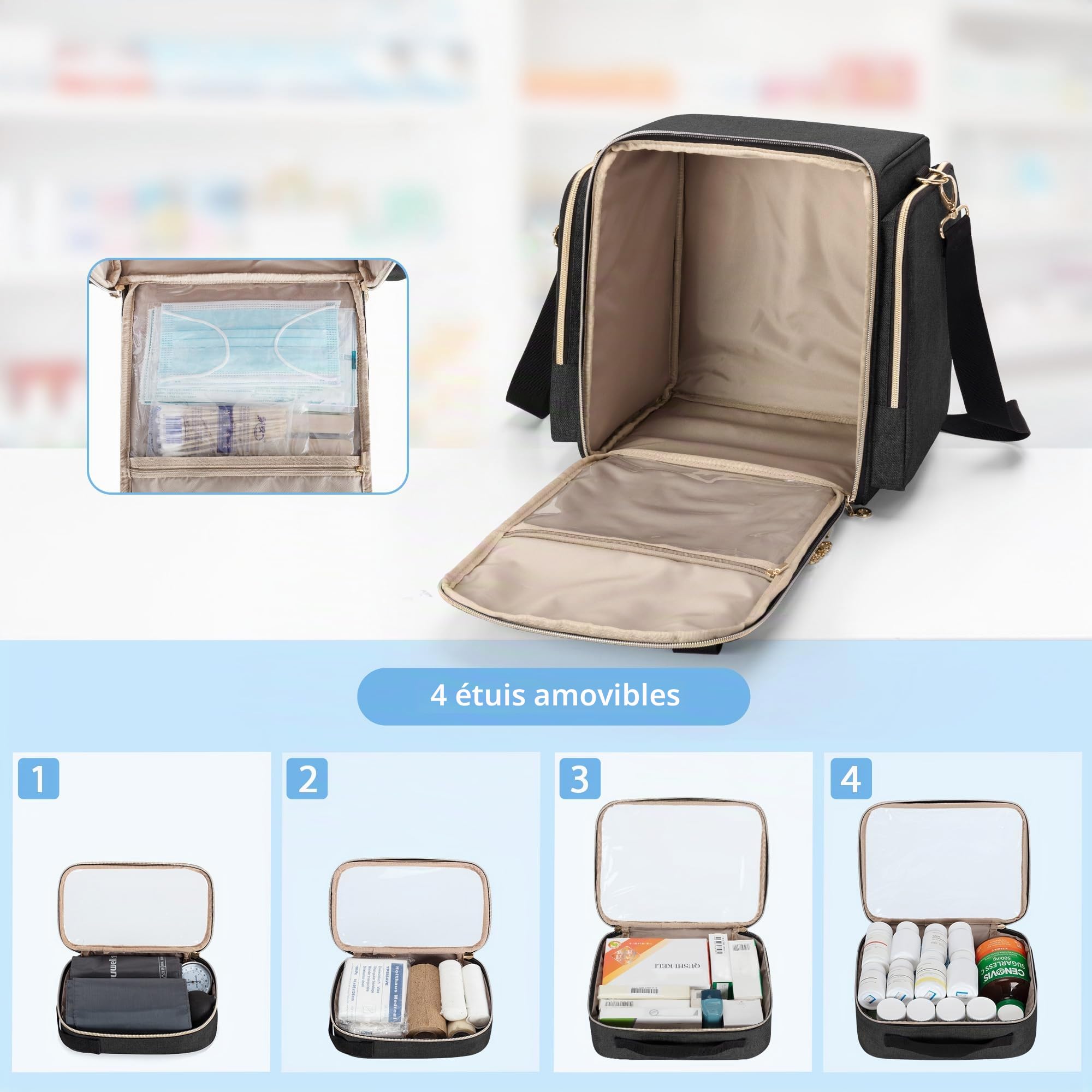 LUXJA Sac de rangement pour médicaments avec 4 étuis intérieurs amovibles