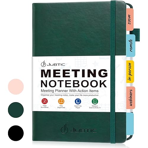 JUBTIC Meeting Notebook for Work with Action Items, Leather Project Planner Meeting Notes Notebook, Work Planner Agenda Organizer for Women Men Office/Business Supplies,160 Pages (5.8”x8.3") - Dark