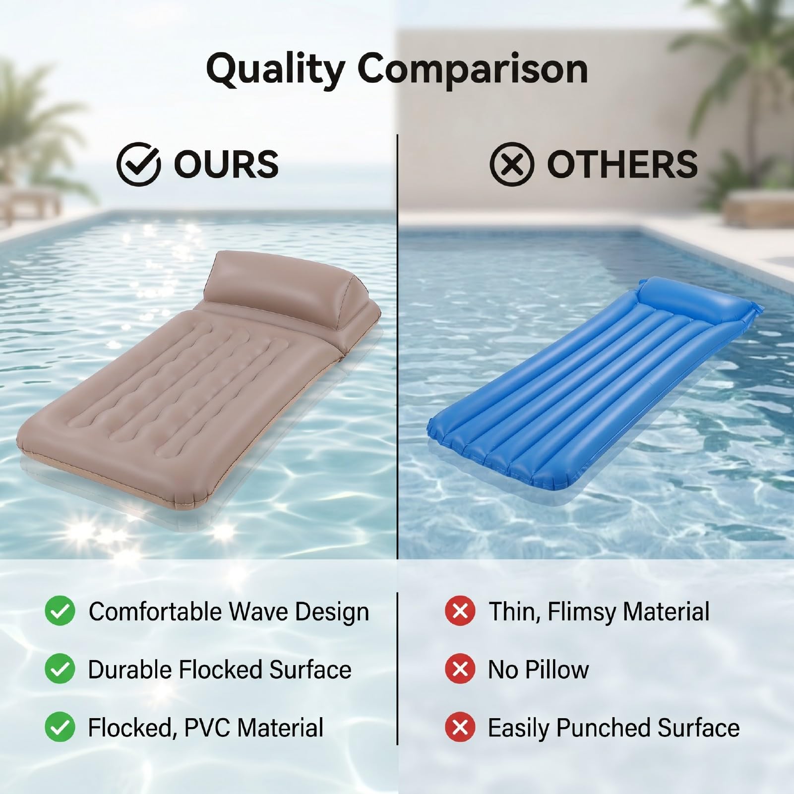 Fockety Aufblasbare Pool-Schwimmmatte, Leichtes, mit PVC Beflocktes Strandfloß für Erwachsene, mit Ergonomisch Geformtem Design und Erhöhten Kanten, für Sommerliches Wasserfaulenzen Im