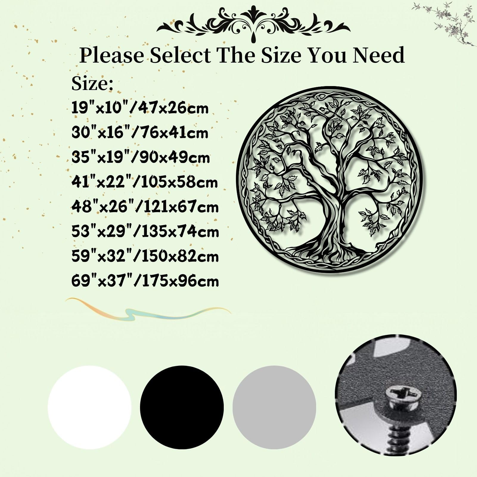 Decoración de pared de metal del árbol de la vida, silueta de sala de estar y dormitorio (47 x 47 cm, plateado)