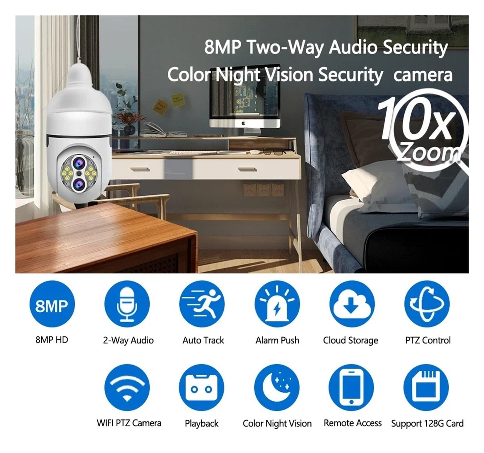 Cámara con Bombilla E27, Zoom 10X, 4K, 8MP, Seguimiento automático, videovigilancia Interior, protección de Seguridad for el hogar, Reflector, cámara WiFi(8MP Add 128G Card)