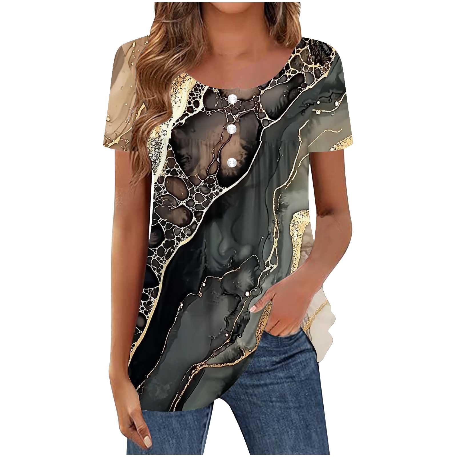 Damen Sommer Tunika Rundhals Basic Oberteile Lässig Elegant Tshirt Bunte Boho Bluse Top Casual Locker Kurzarm Shirt Leicht Bequem Sportshirt Blumen Drucke Sommershirts Vintage Longshirt
