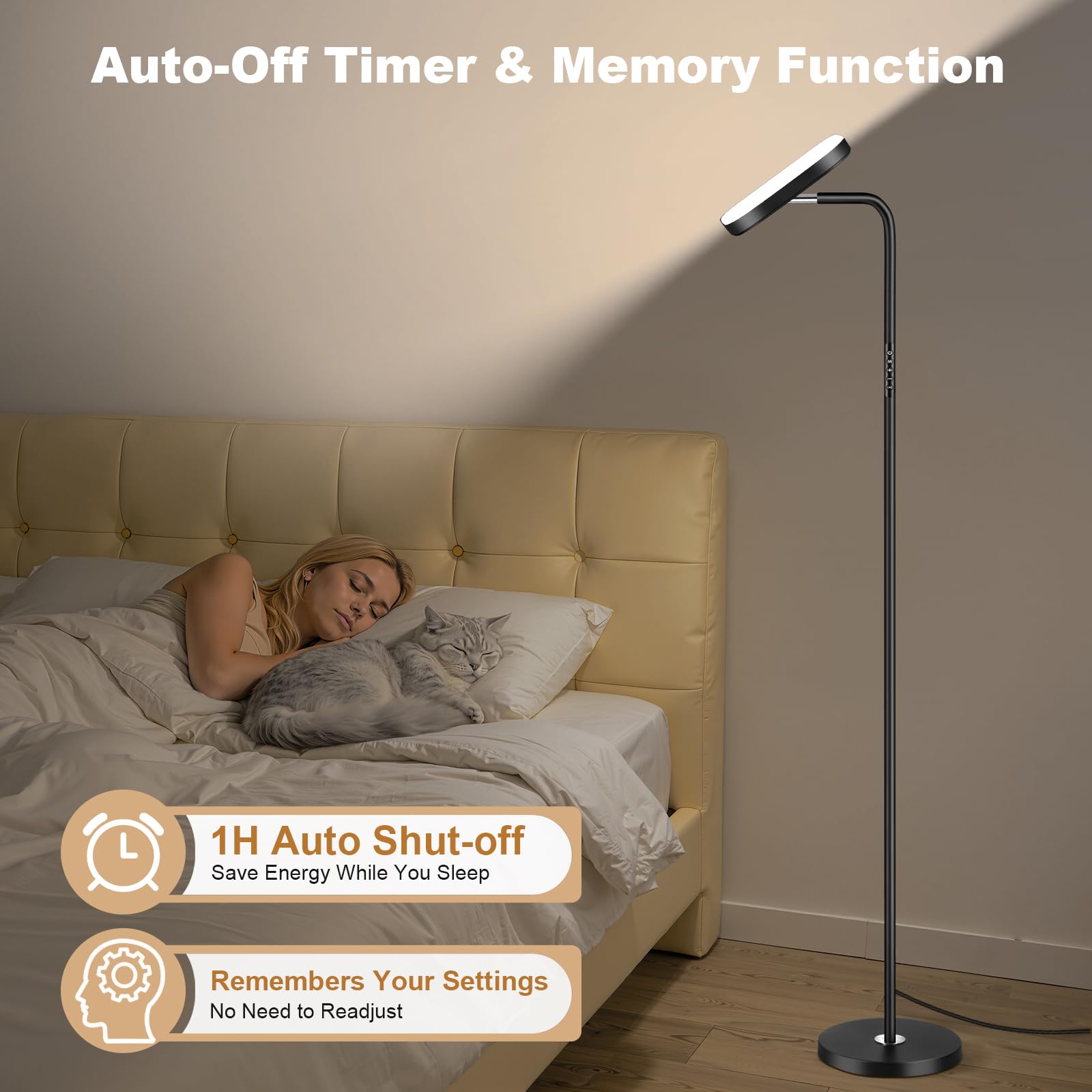 Lámpara de Pie LED Regulable 36W 3200LM con Mando y Control Táctil - 5 Temperaturas Color - Luz para Leer Ajustable 360° en Salón, Dormitorio, Oficina - Negro