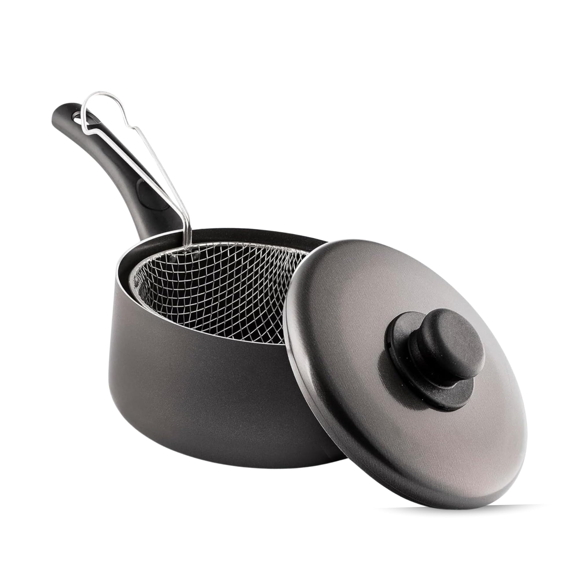 SK COOKWARE Chip Pan with Basket & Lid Non-Stick Fat Fryer Set 22cm | Durable Crispy Frying Pan with Plastic Handles | Ideal for Gas Stoves & Home Frying (10" Black) (Black, 20cm) — image 1
