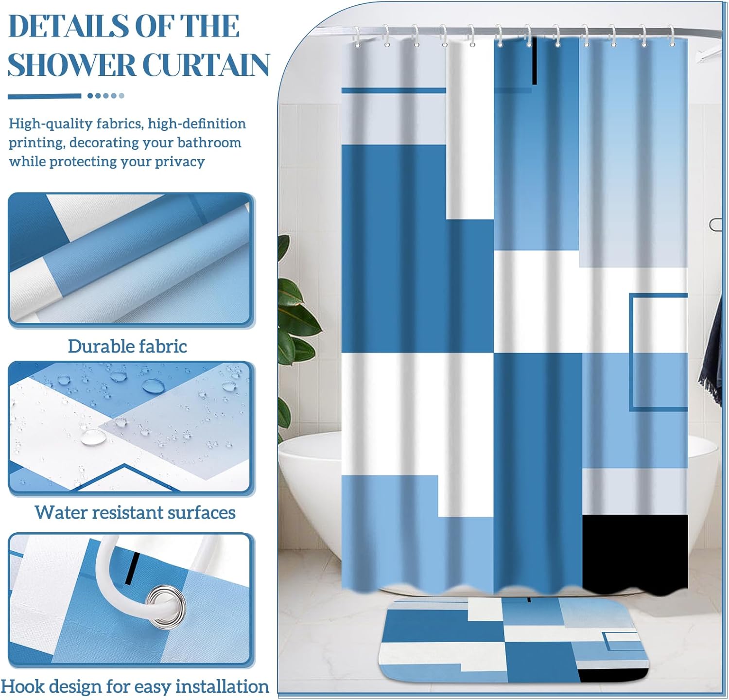 4 Pcs Blue Geometric Bathroom Shower Curtain Sets with with Toilet Lid Cover and Non-Slip Rugs, Blue Modern Bathroom Decor Sets with Shower Curtain and Rugs for Bathroom