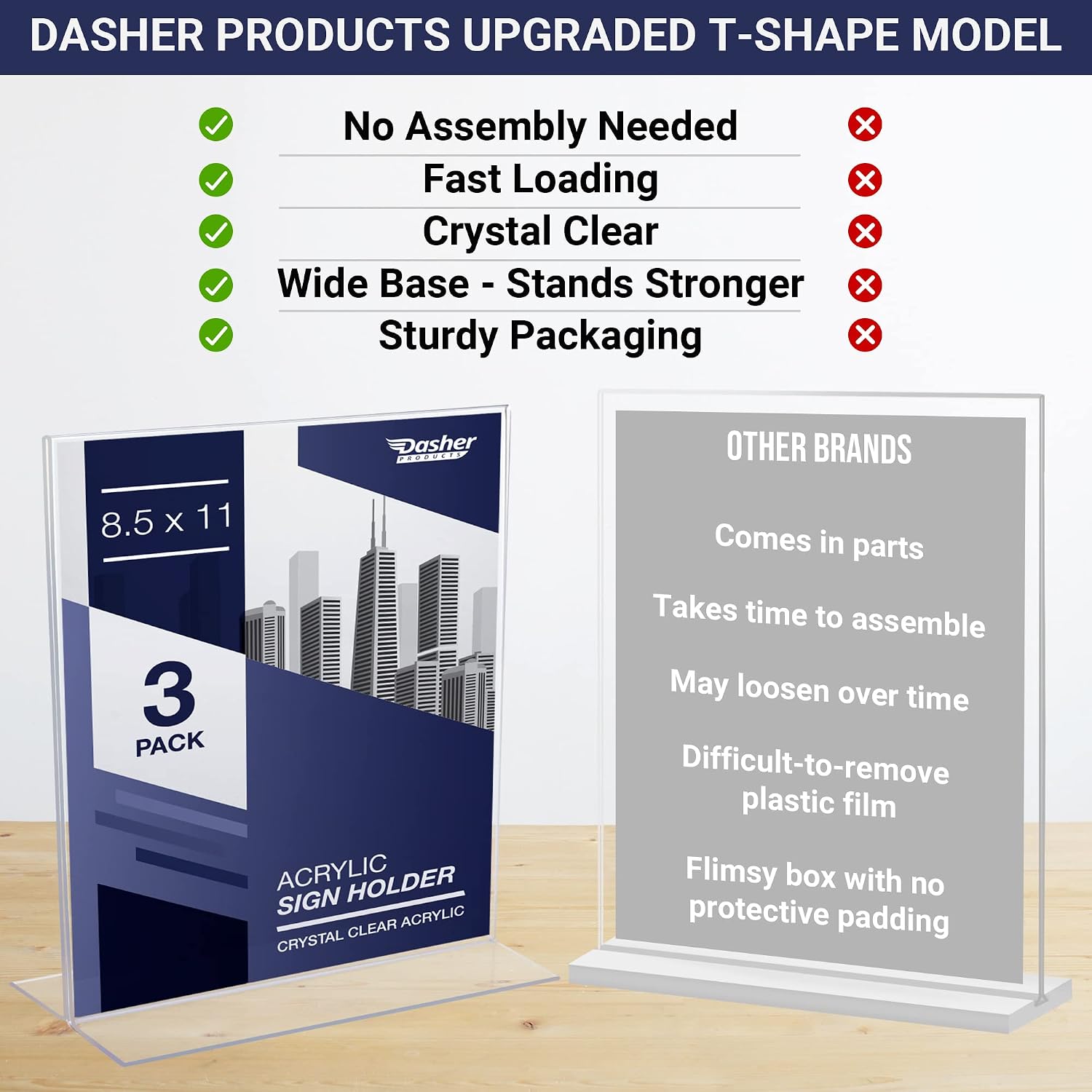 Acrylic Sign Holder 8.5 x 11 - Acrylic T Shape Table Top Display Stand, Double Sided, Bottom Load, Portrait Style Menu Ad Frame. Perfect for Restaurants, Promotions, Photo Frames, Classroom (3 Pack)