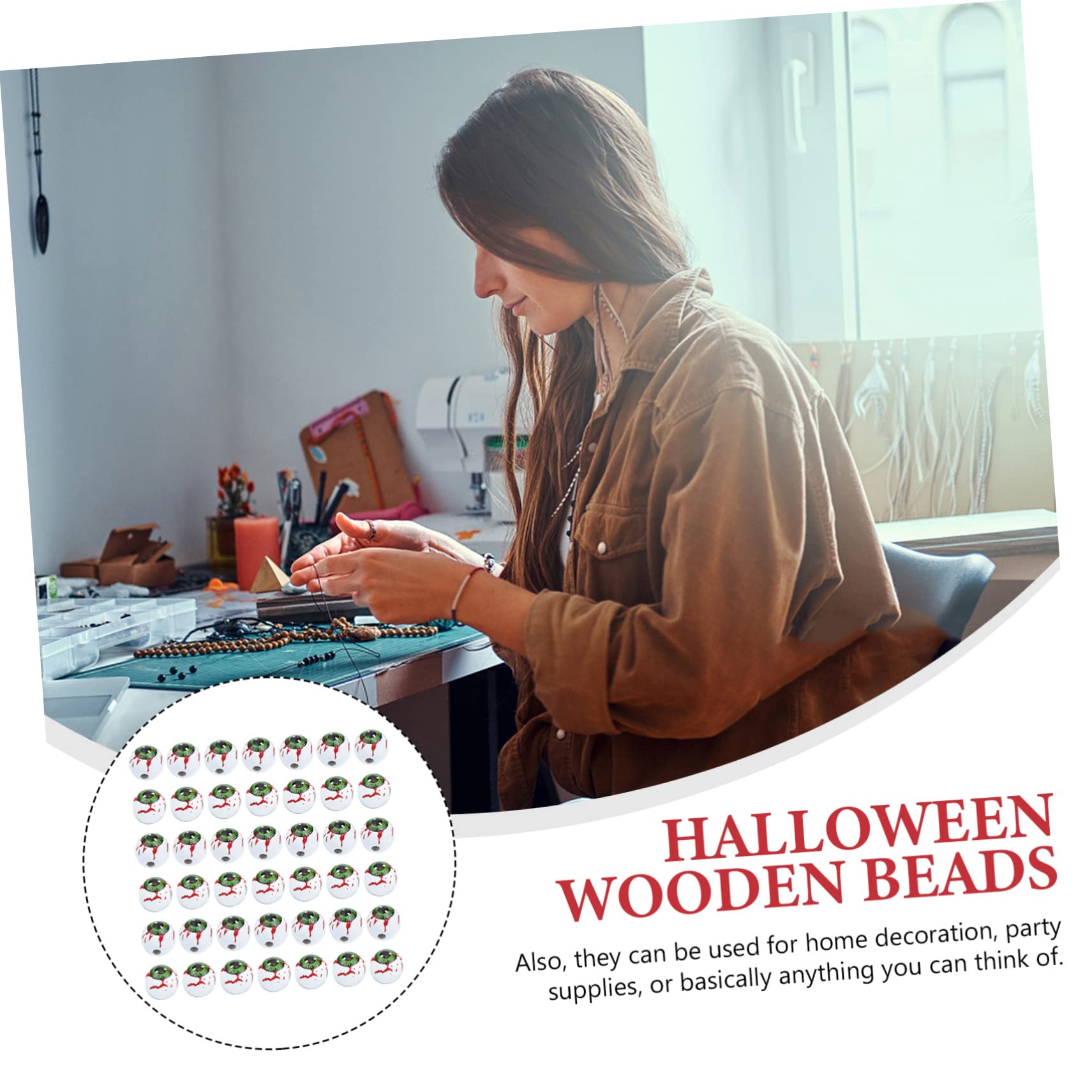 NUOBESTY 300piezas Abalorios De Madera Estilo Halloween Espaciadores Patrón De Ojos Para Manualidades Diy Accesorios Creativos De Madera Para Pulseras y Collares