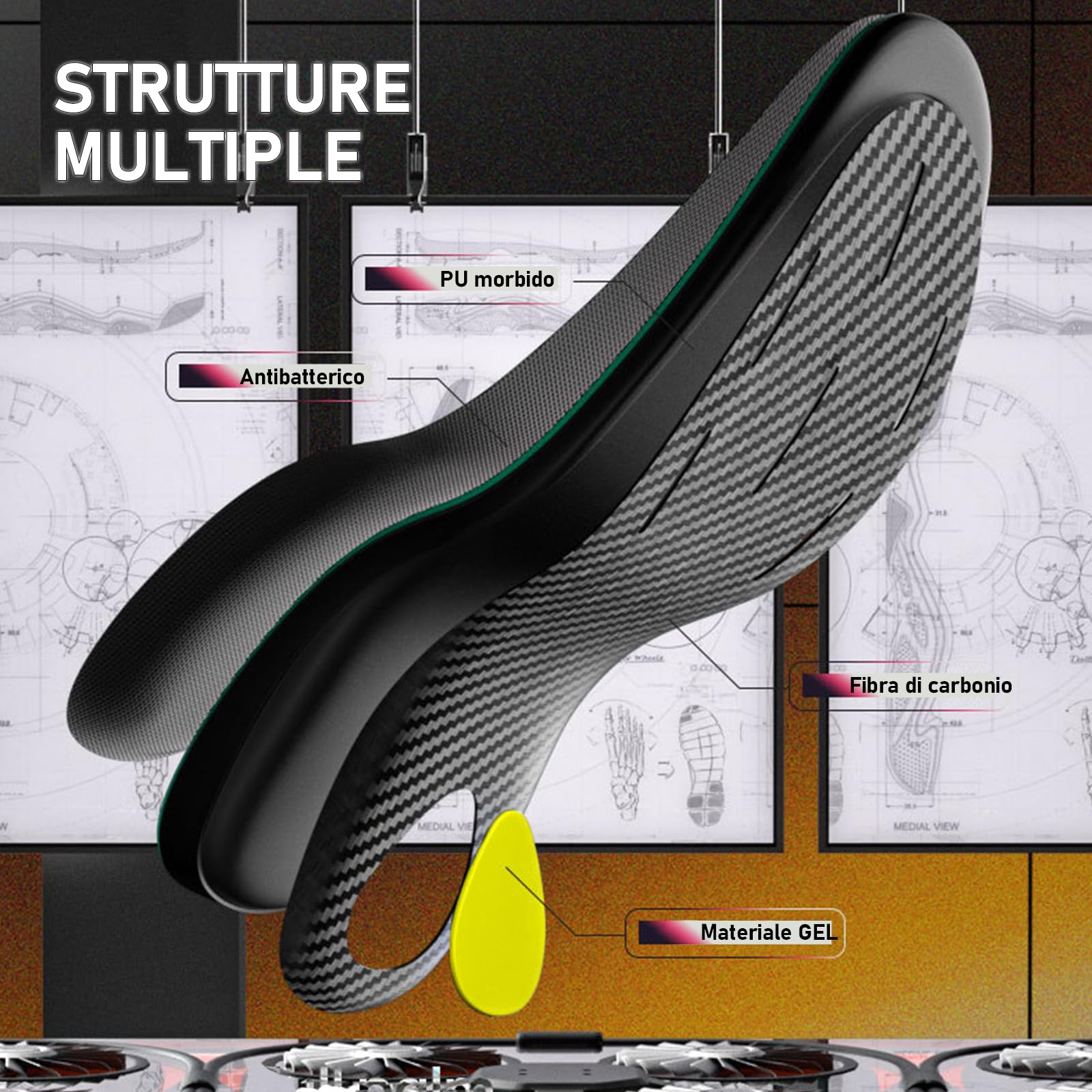 Solette in Fibra di Carbonio con Supporto Arco Plantare per Sport ad Alte Prestazioni – Ammortizzazione Migliorata, Prevenzione Infortuni & Miglioramento Prestazioni EU 45-46