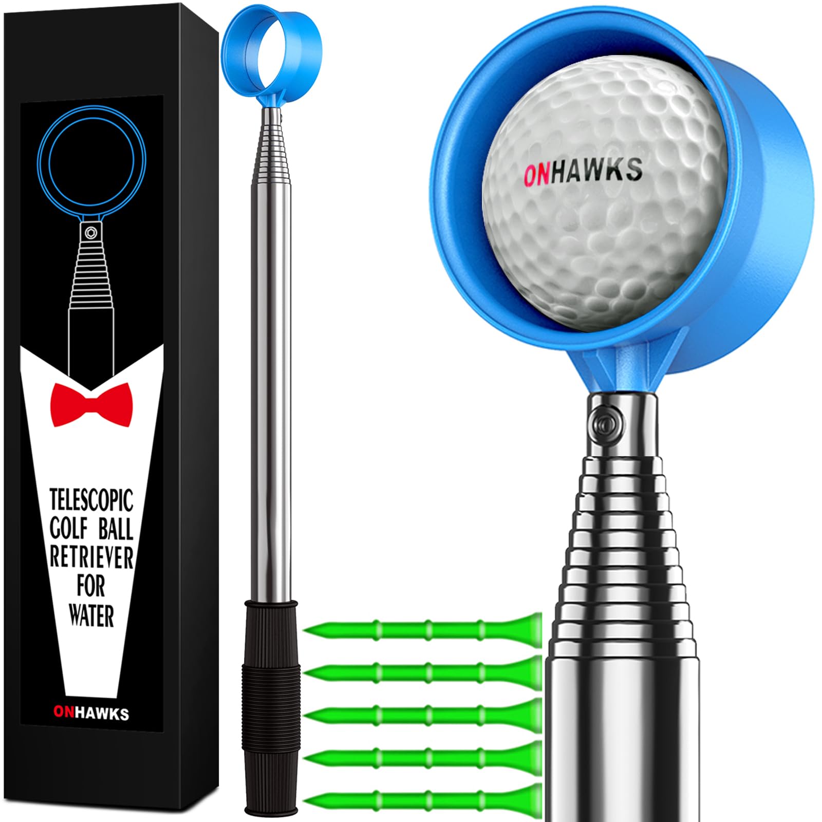 ONHAWKS Golf Ball Retriever for Water,Telescopic 12Ft/9Ft Stainless Steel Shaft Two-Sided Easy Pick Up Balls,Unbreakable Head Retriever Tool Golf