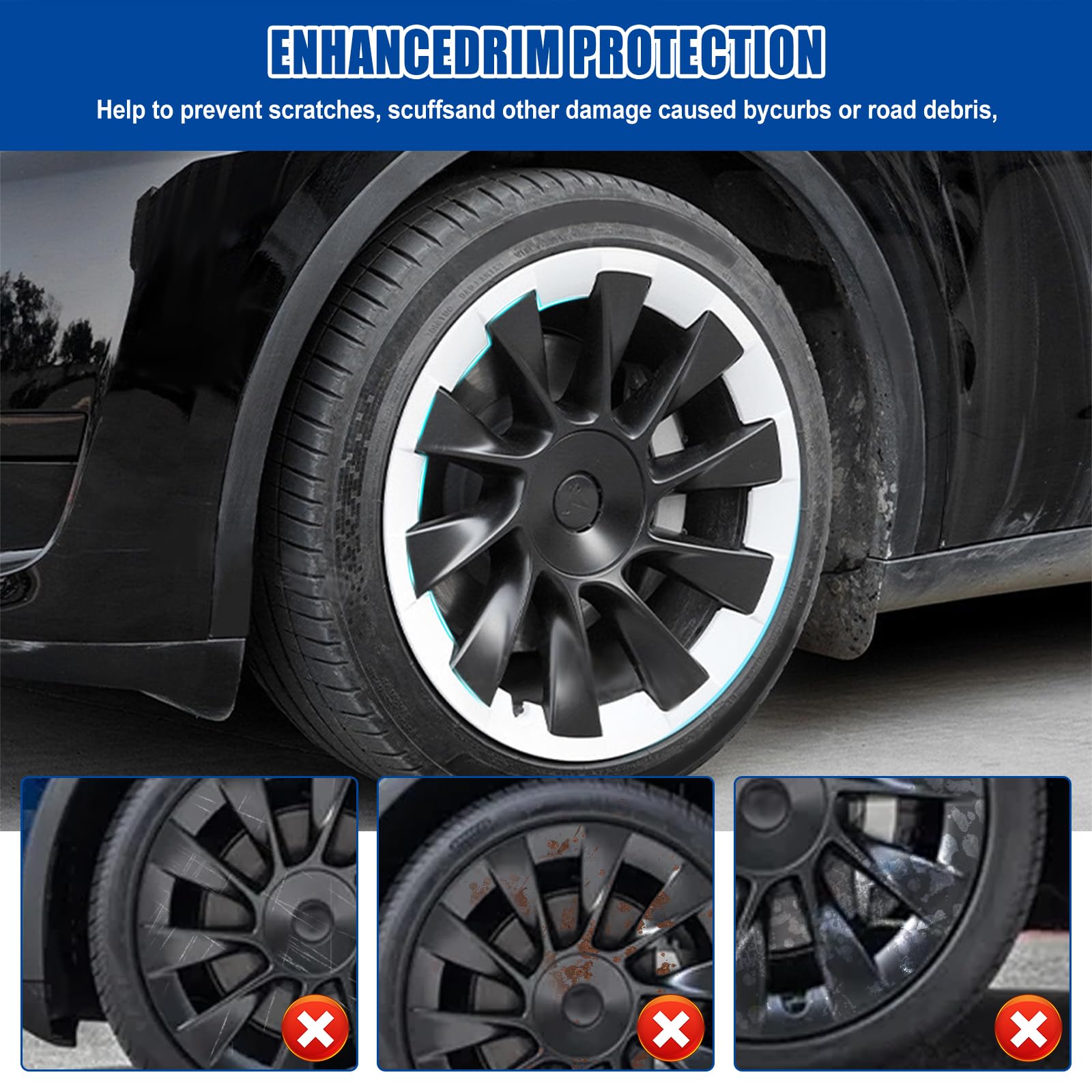 4-Pack Wheel Rim Protectors For Tesla Model Y 20 Inch 2017-2024 - ABS Guard Against Curb Rash & Scratches