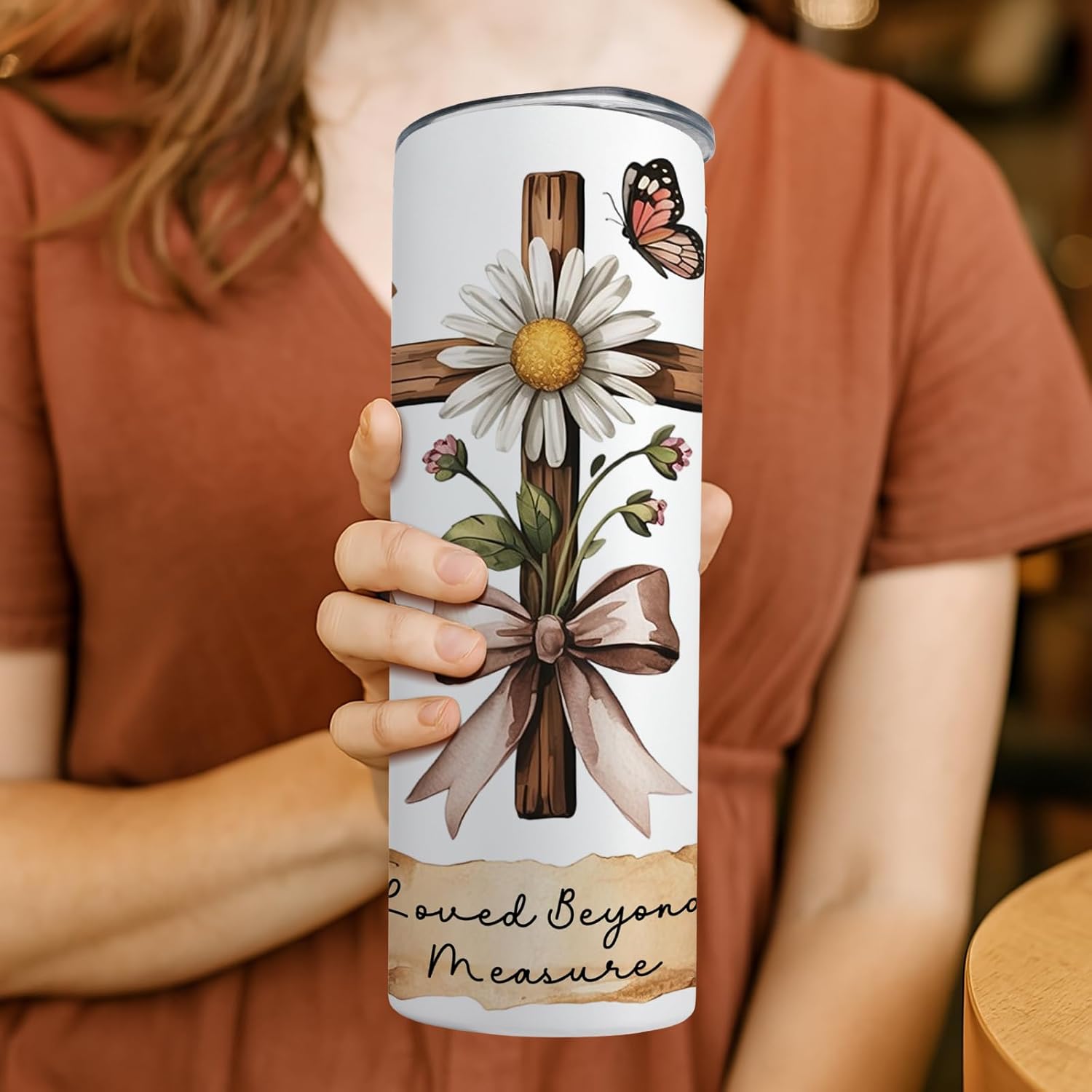 Boho Christian Skinny Tumbler, 20oz Stainless Steel Travel Mug with Floral Cross & Bible Verse, Faith-Based Inspirational Tumbler Gift for Women - Image 6