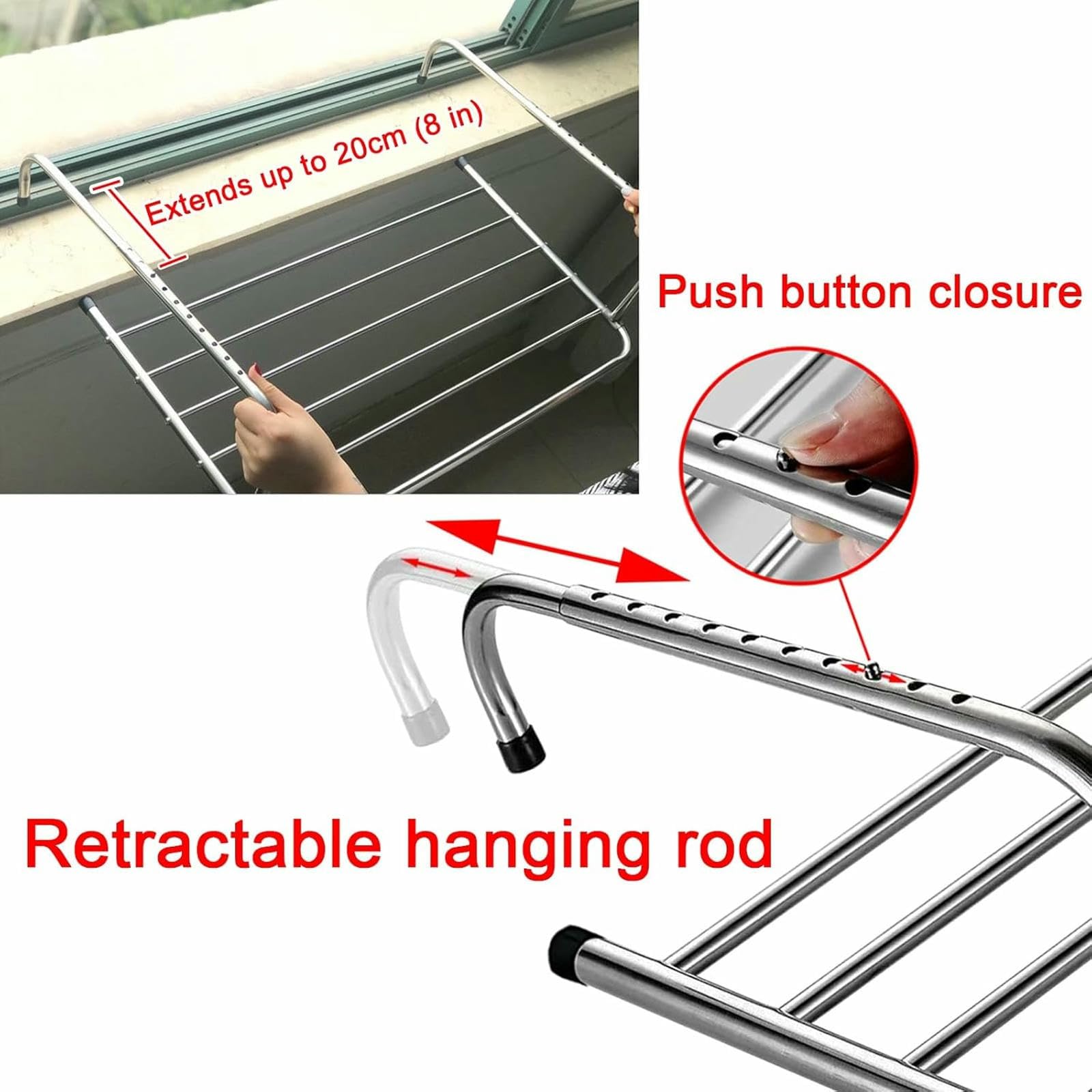 Wäscheständer, klappbare, verstellbare Kleiderbügel aus Edelstahl, Trockenständer für drinnen und draußen für Geländer und Fensterbänke (80 cm)