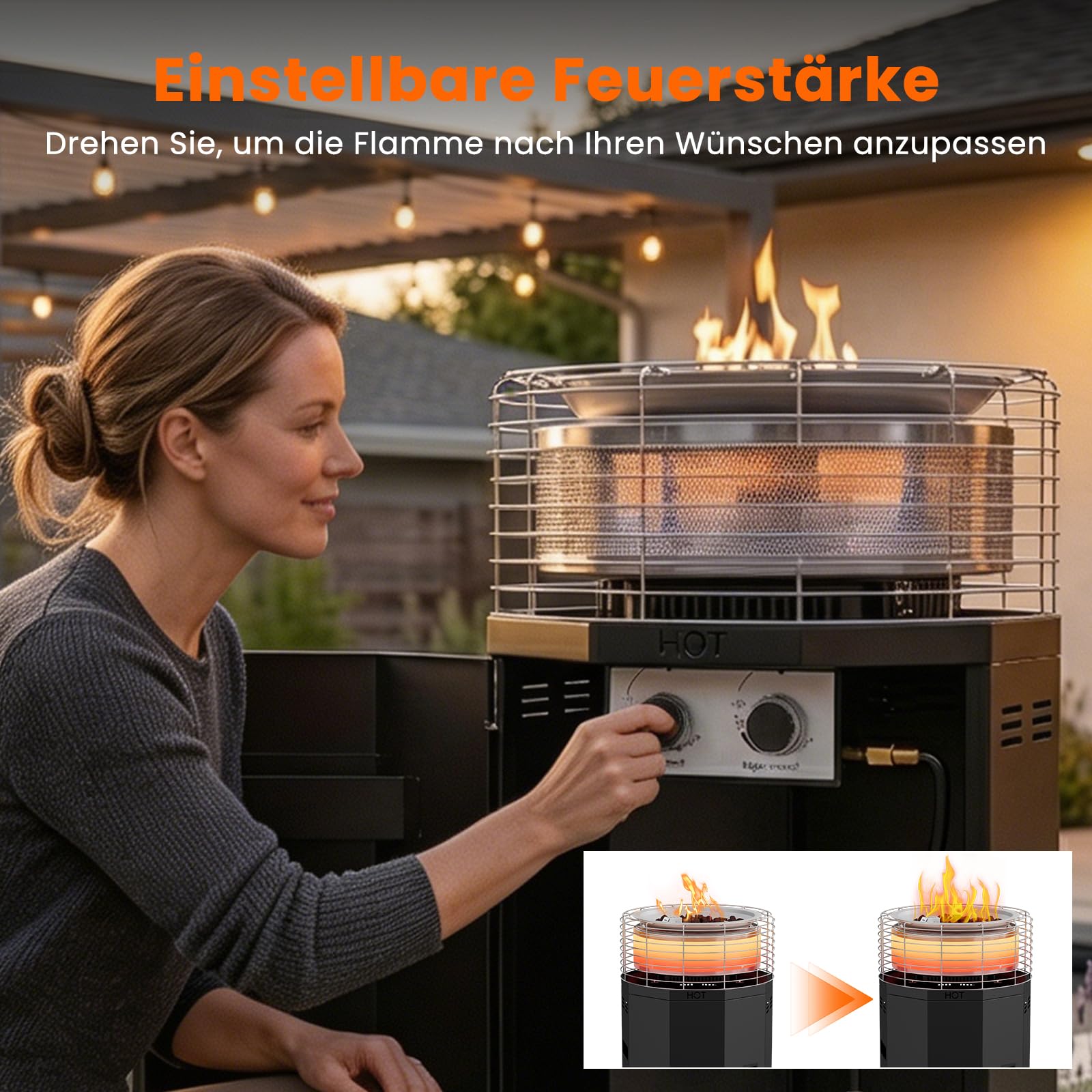 3-in-1 16kW Tragbarer Heizpilz Gas & Feuerrohr für Terrasse – Propangas Terrassenheizer & Feuersäule mit 3 Modi (Flamme/Wärme/Beides) - rauchfrei, Piezo-Zündung - Regler & Schlauch