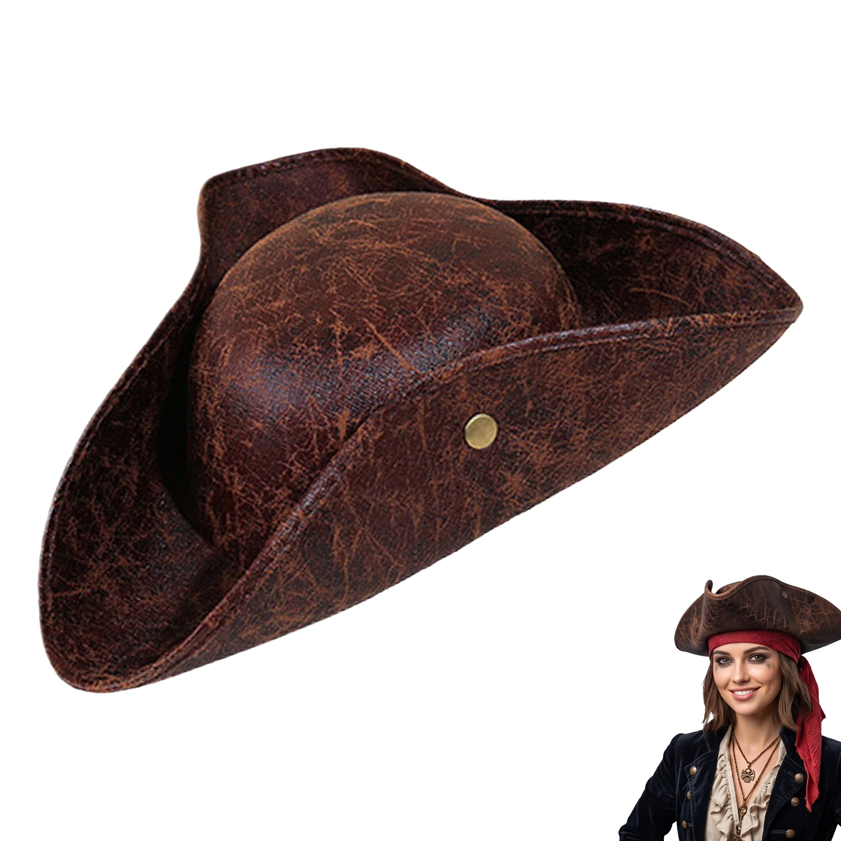 Pirate Hat for Adult,Pirate Tricorn Hat,Pirate Accessories,Distressed Leather Colonial Style Pirates Hats,Vintage Pirates Cap,Medieval Fancy Dress Halloween Costume Accessories for Theme Party,Cosplay