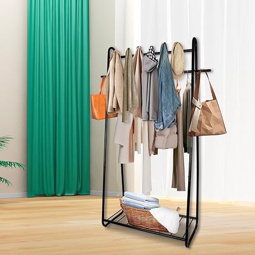 Miniatura 9 de Perchero de ropa resistente, portátil, perchero de metal de doble barra, independiente con estantes inferiores para organizar zapatos