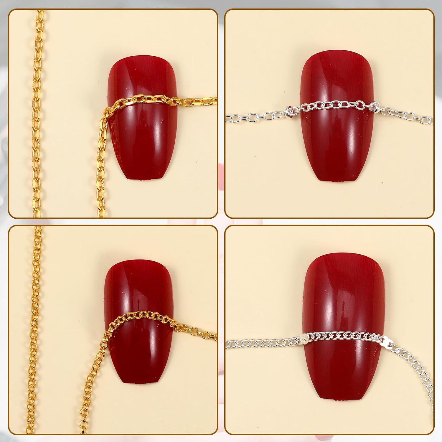 12 Strips 3D Gold Silver Nail Jewelry Chain Nail Chain Charms Metal Nail Art Chains 6 Style Line Manicure Charm Decorations with Box for DIY Manicure Decoration