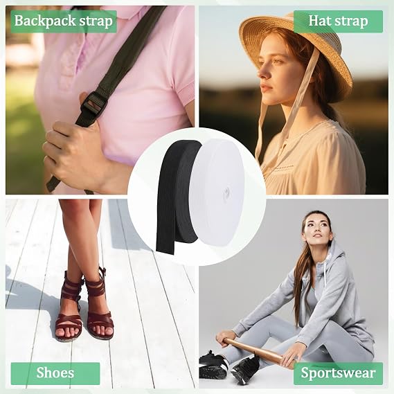2 Rolls Elastic for Sewing, White & Black Elastic Cord 20mm(0.78 Inch) Wide, 5M Each Flat, Stretchable Waistband for Sewing Clothing, Garments, Dressmaking, DIY Trouser, Headbands