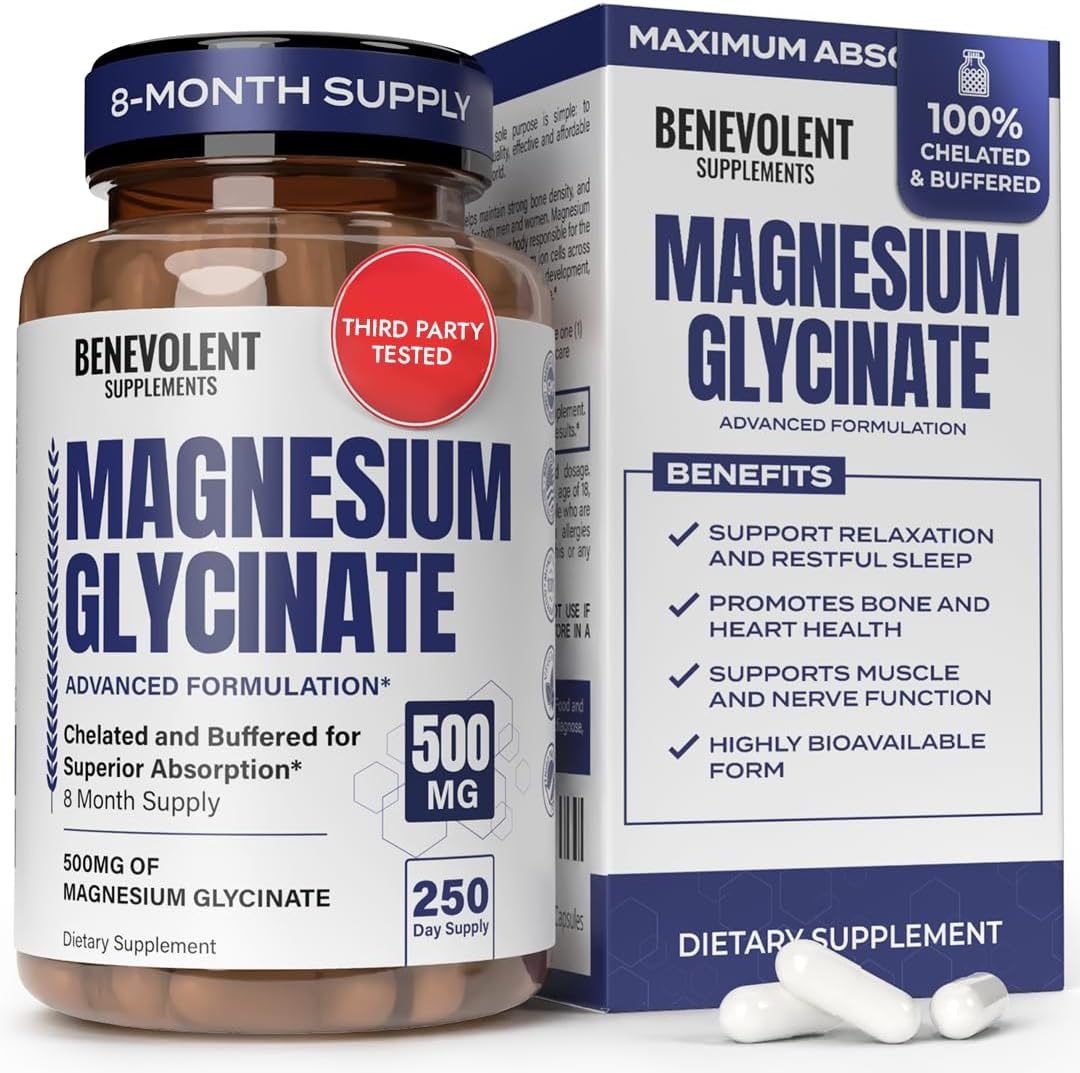 Magnesium Glycinate 500mg - Chelated & Buffered High Absorption Magnesium Supplement to Support Stress Relief, Digestion, Bone, Sleep, Nerves & Muscle Health - Made in USA - 250 Vegan Capsules