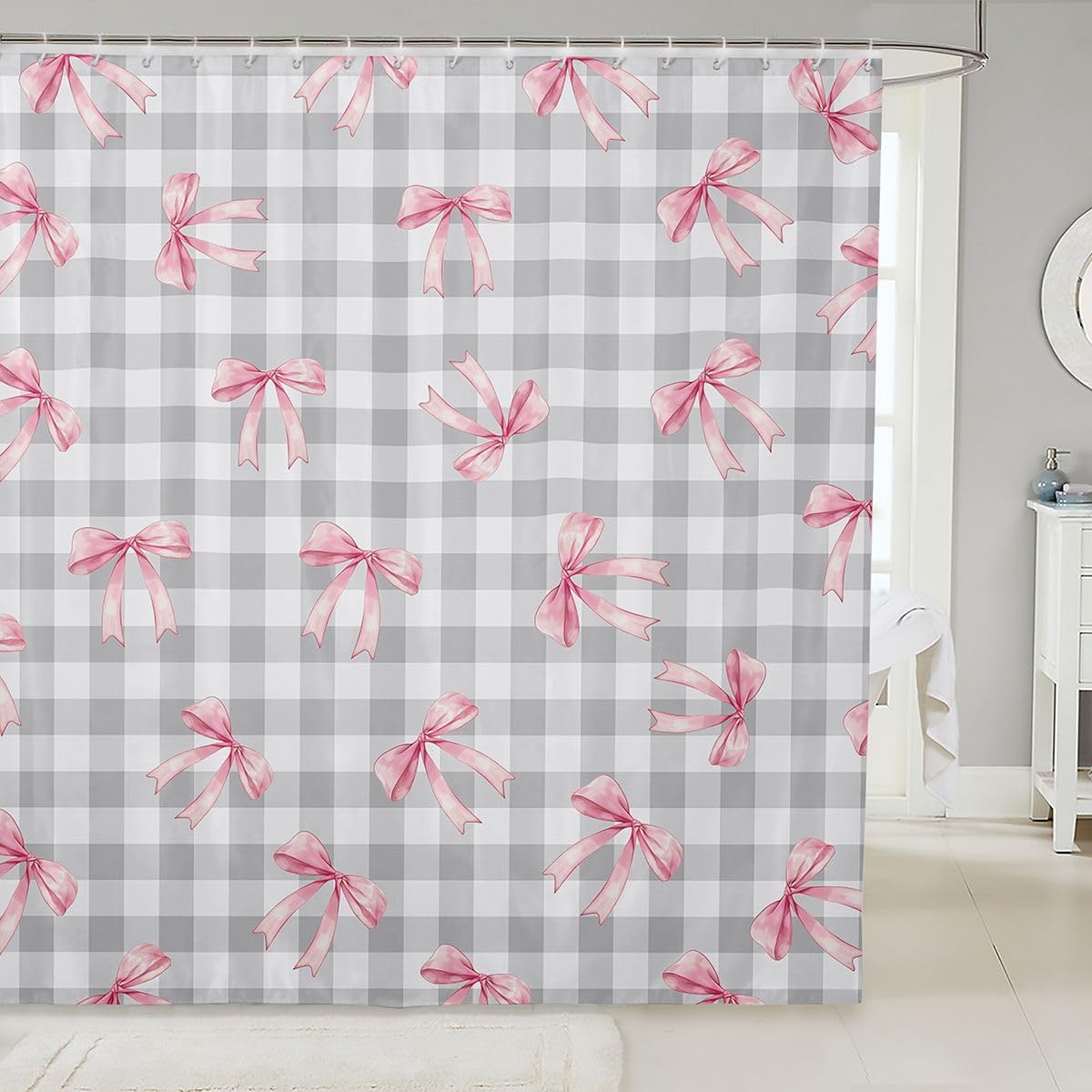jejeloiu Checkerboard Bowknot Shower Curtain for Bathroom Decor Pink Bow Bath Curtain Plaid Bathroom Accessories Gray Waterproof Polyester Fabric for Stalls Bathtubs 72"x78"