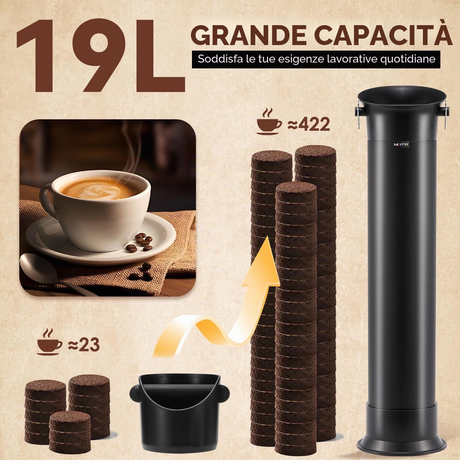 NEWTRY Secchiello fondi Caffe Commerciale, Knock Box per Espresso, 19LGrande Capacità Dacontenitore per Fondo Caffe per Barista Caffetteria Bar con 30 sacchetti, asciugamani e spazzole per la pulizia