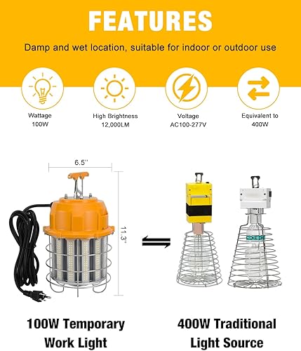 Miniatura 3 de Luz de trabajo temporal LED de 100 W, luces de construcción, 12,000 lm, 5000 K, luz diurna, acero inoxidable, portátil, colgante, iluminación de