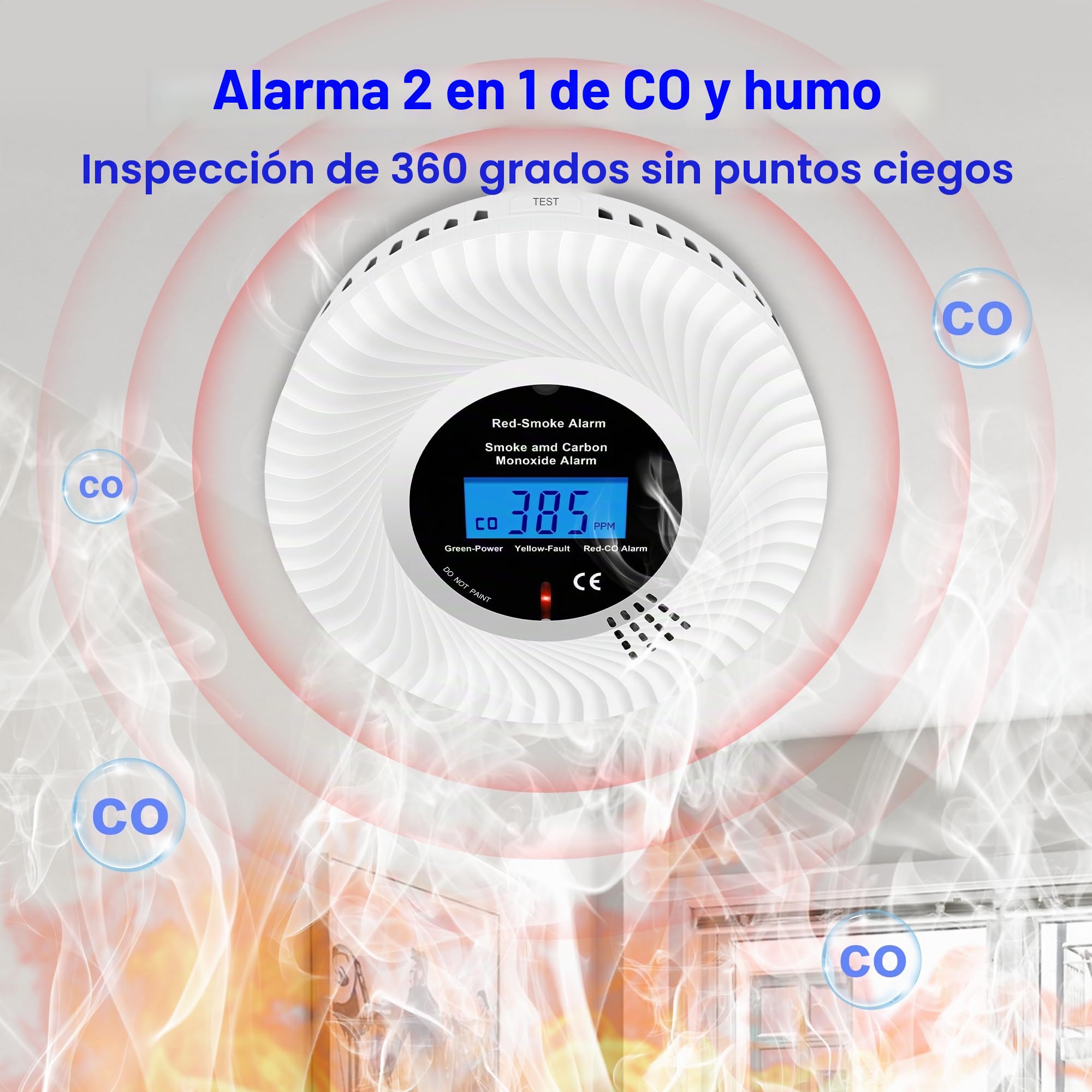 Detector de Humo y monóxido de Carbono Scondaor con Pantalla LCD y batería de 10 años, alarmas de Humo para el hogar, Detector de Humo y CO con botón de Prueba/Silencio, 1 Pieza