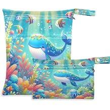 Kigai Cute Cartoon Whale Wet Dry Bags, Reusable Waterproof Wet Bags, 2Pcs Travel Beach Pool Bag with Zippered Pockets for Swimsuit, Cloth Diaper, Toiletries & Makeup