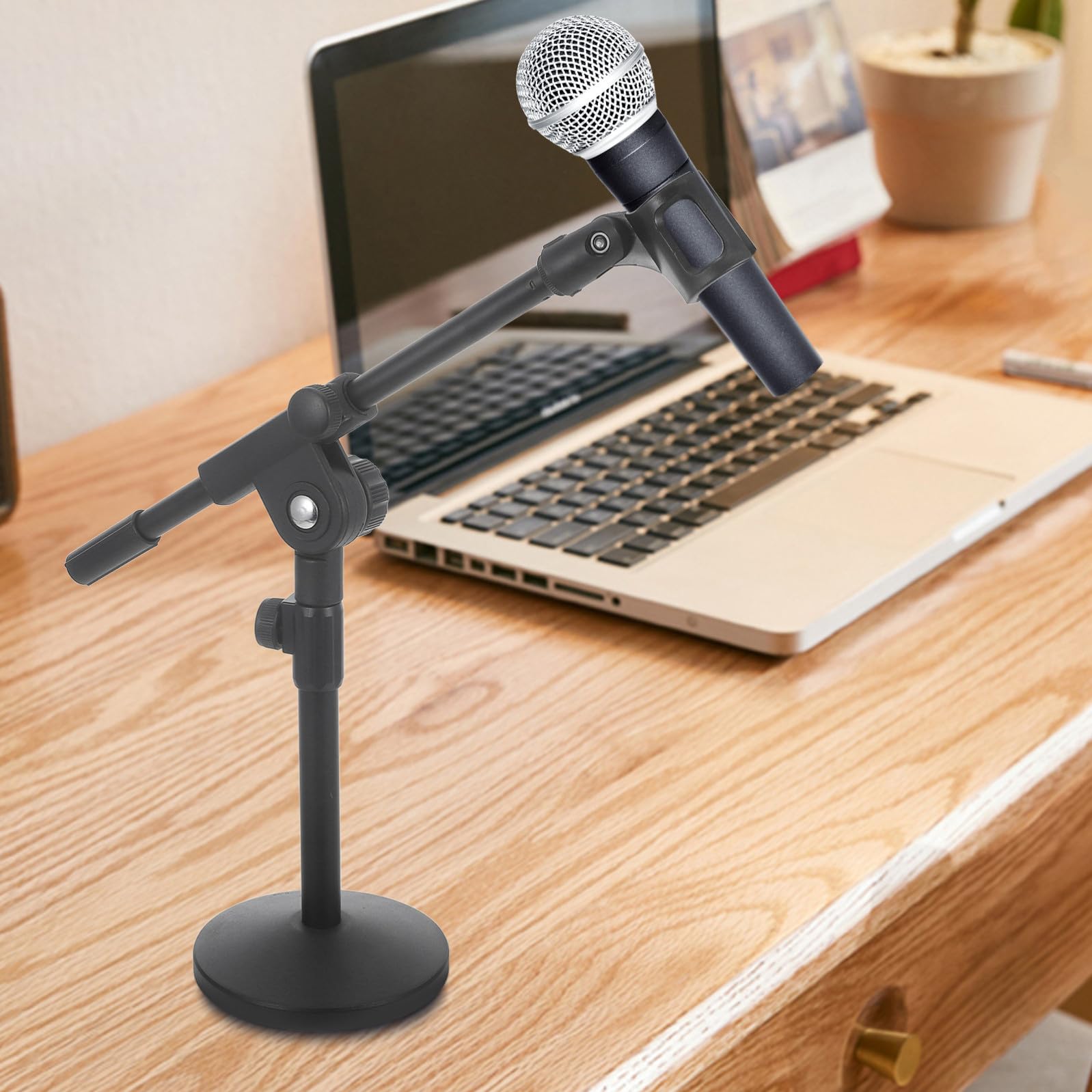 STOBAZA Supporto da Tavolo in Ferro per Microfono con Braccio Regolabile Altezza Regolabile Base Rotonda Pesante Compatto, per Registrazioni e Streaming