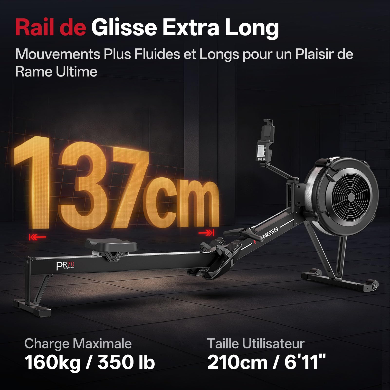 PASYOU Rameur d'appartement à Résistance Aérienne pour La Maison avec Kinomap APP, Rameur Professionnel Musculation pour Intérieur avec Écran Intelligent, Capacité de Poids 150 KG, Stockage Facile