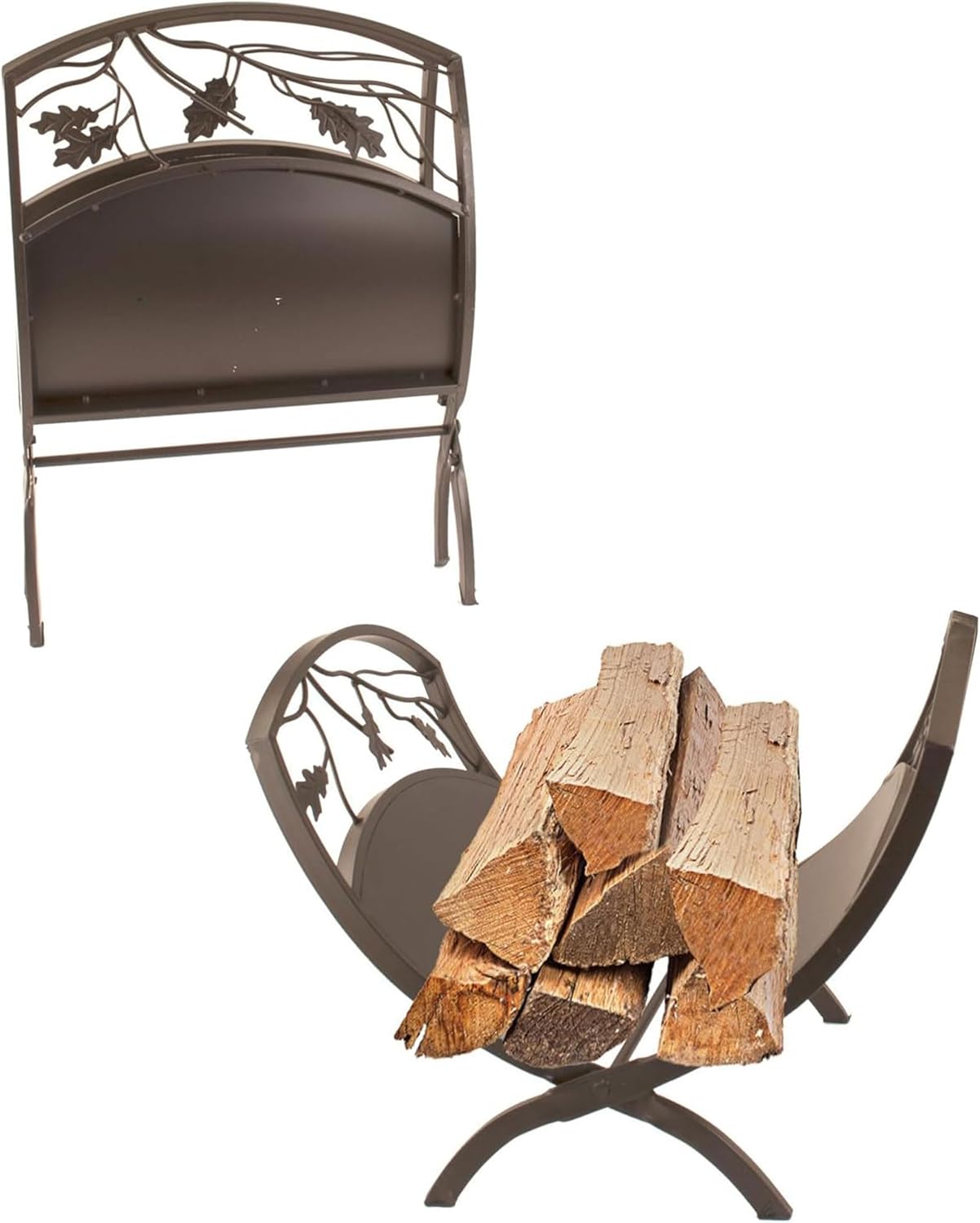 Panacea Colonial Compact Foldable Open Top Powder-Coated Steel Oak Leaf Design Log Bin with Pan for Firewood Organization, Brown