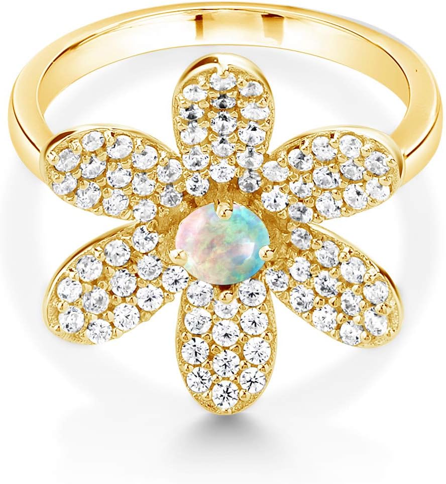 Gem Stone King 18K Yellow Gold Plated Silver 4MM Round Gemstone Birthstone Flower Ring For Women By Keren Hanan | Available in Size 5,6,7,8,9