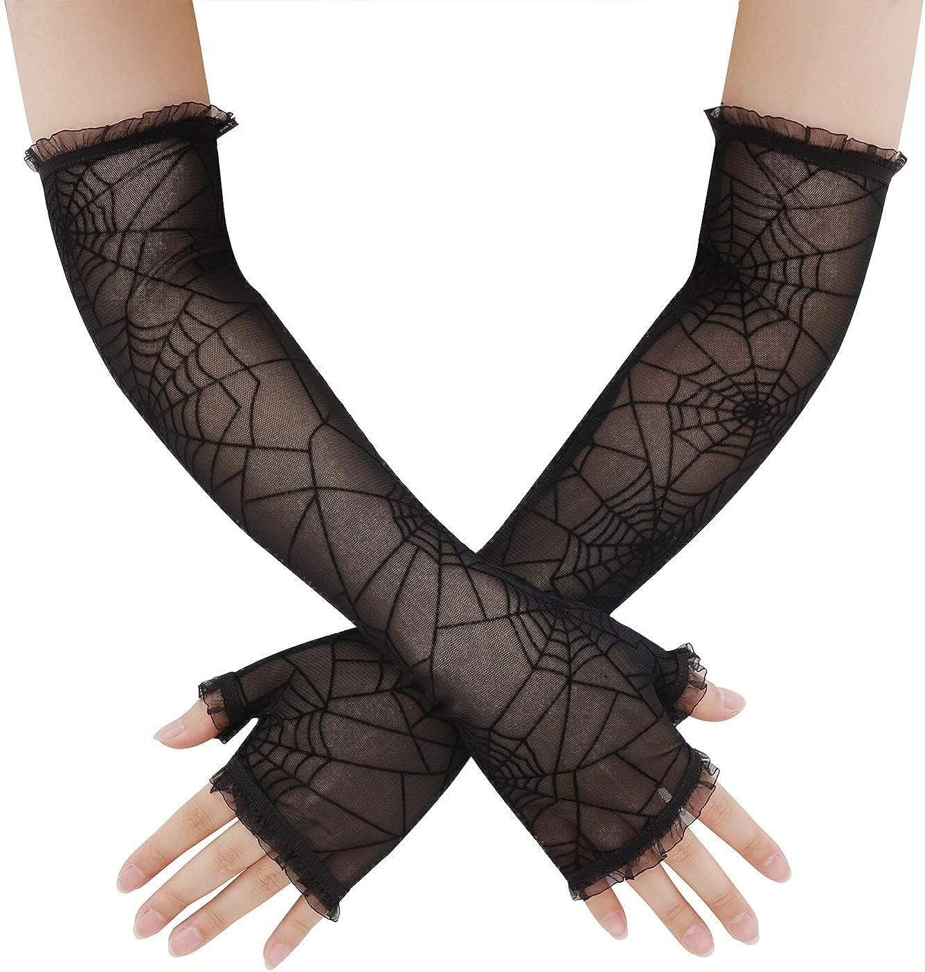 Suxgumoe UV Protection Lace Arm Sleeves, Women's Floral Lace Sleeves Hollow Out Long Sunscreen Gloves Fingerless Driving Gloves (A-Spider Web Arm Warmer)