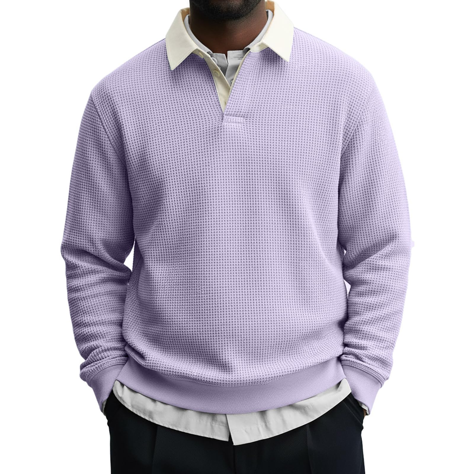 Waffle Knitted Sweatshirt for Men Lapel Button Down V Neck Long Sleeve T-Shirt Solid Color Knitted Pullovers