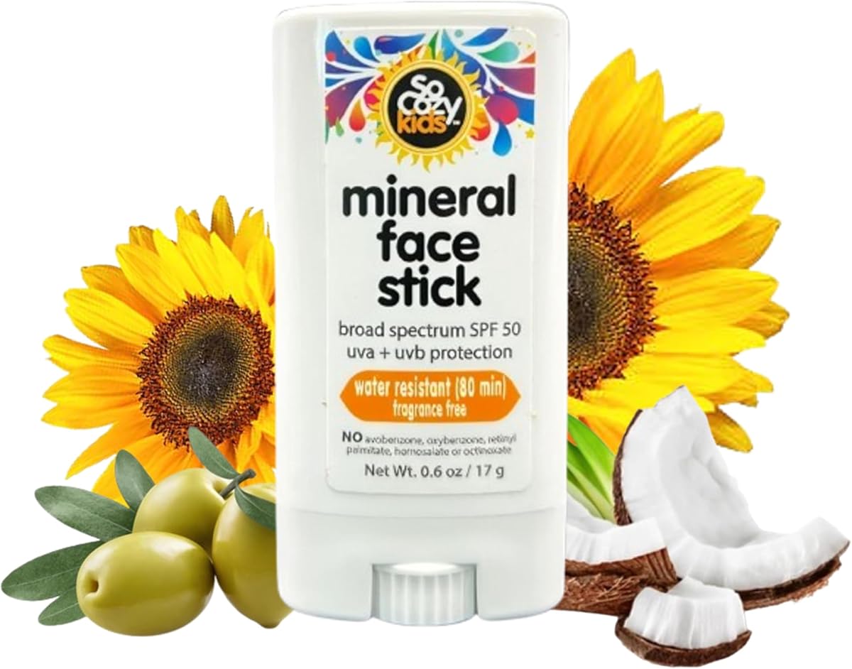 SoCozy Sunscreen Stick, Kids SPF 50 Mineral Sunscreen for Face & Body, 0.6 oz, Water Resistant Sun Protection, Broad Spectrum UVA + UVB Gentle Sun Block Stick