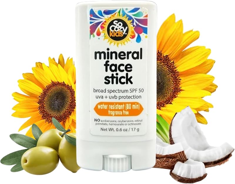 SoCozy Sunscreen Stick, Kids SPF 50 Mineral Sunscreen for Face & Body, 0.6 oz, Water Resistant Sun Protection, Broad Spectrum UVA + UVB Gentle Sun Block Stick