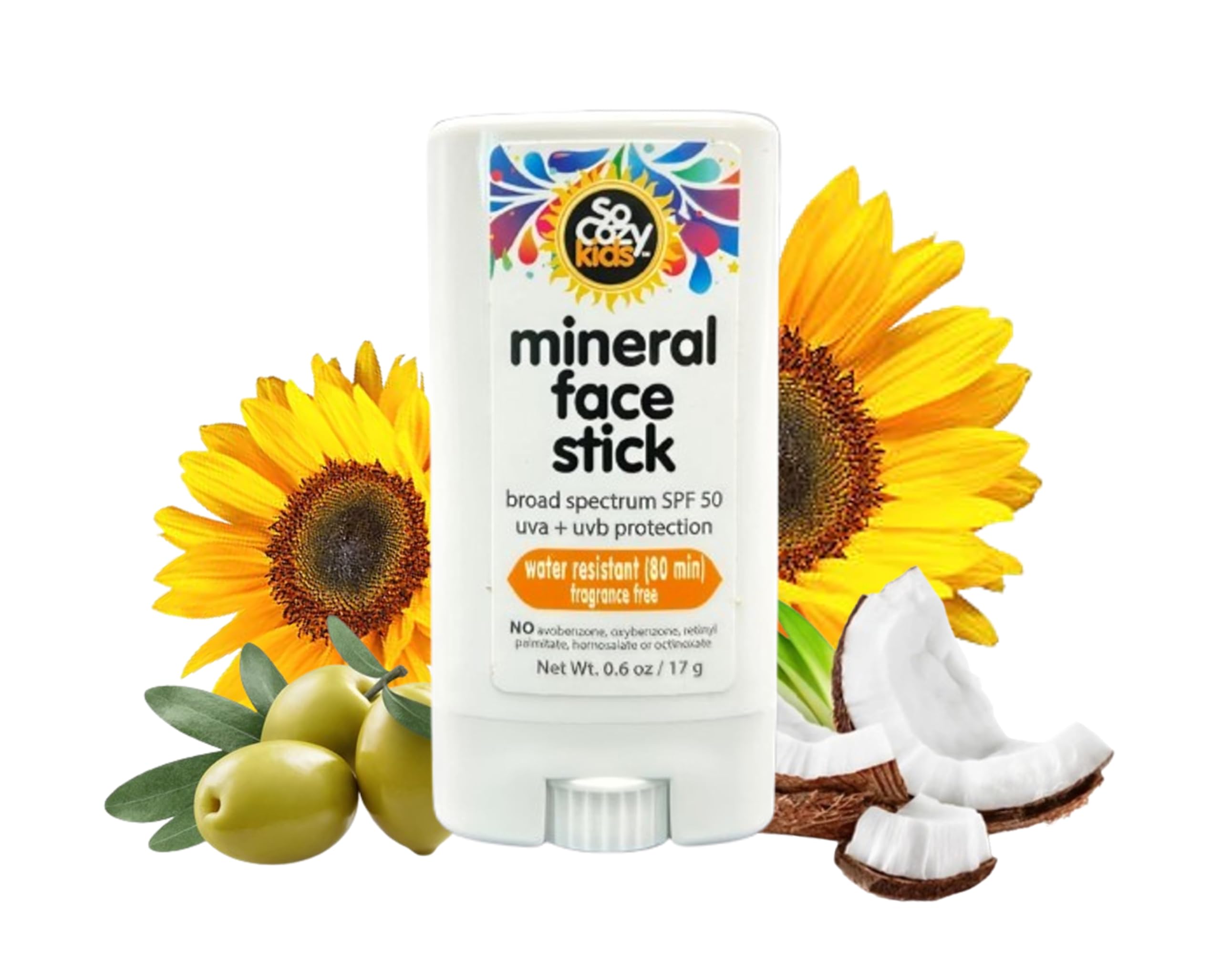 SoCozy Sunscreen Stick, Kids SPF 50 Mineral Sunscreen for Face & Body, 0.6 oz, Water Resistant Sun Protection, Broad Spectrum UVA + UVB Gentle Sun Block Stick
