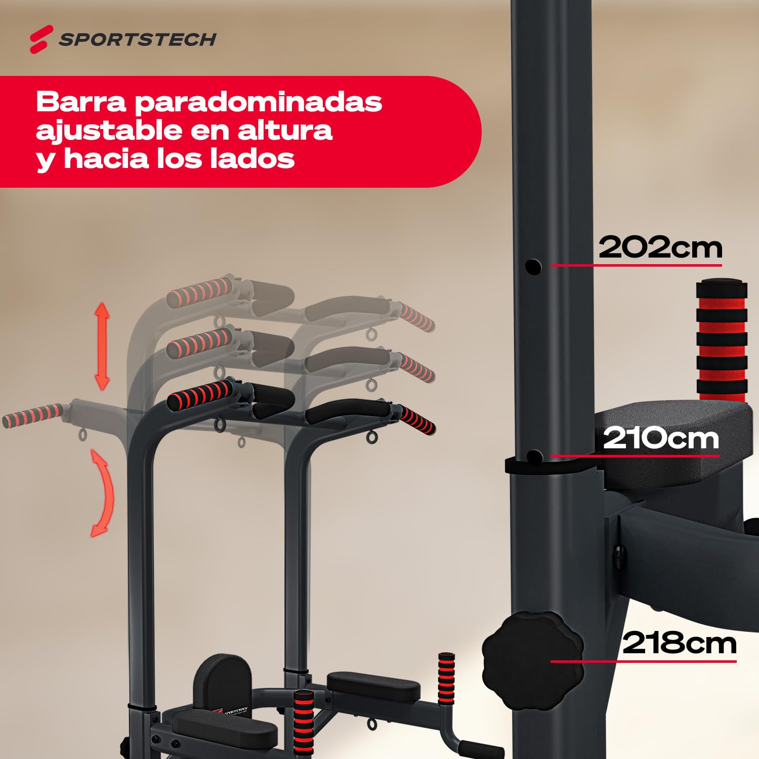 Sportstech Power Tower PT300 | Estación Multifuncional de Entrenamiento 7in1 | Torre de Musculación para Dominadas y Dips | Agarres para Flexiones + Anillas para Cuerdas de Resistencia y Suspensión