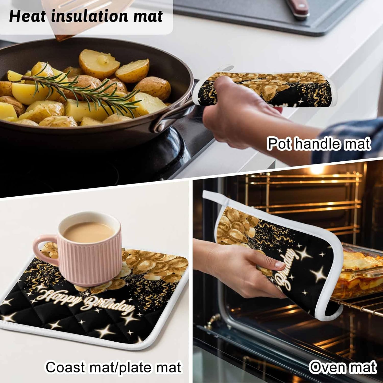 5 Pack Pot Holder for Kitchen,Happy Birthday Golden Balloon Heat-Proof Potholder with Hanging Loop Hot Pad Pot Holders for Cooking Baking BBQ,Abstract Stars on Black