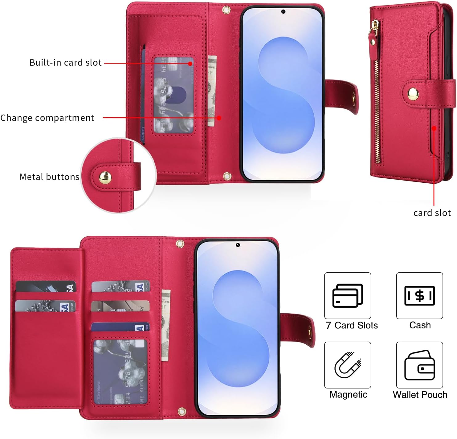 Asuwish Phone Case for Samsung Galaxy S25 FE 5G Zipper Wallet Cell Cover, with Tempered Glass Screen Protector and Crossbody Wrist Strap, Flip Credit Card Holder S 25 EF S25FE 25S Women Girls Red