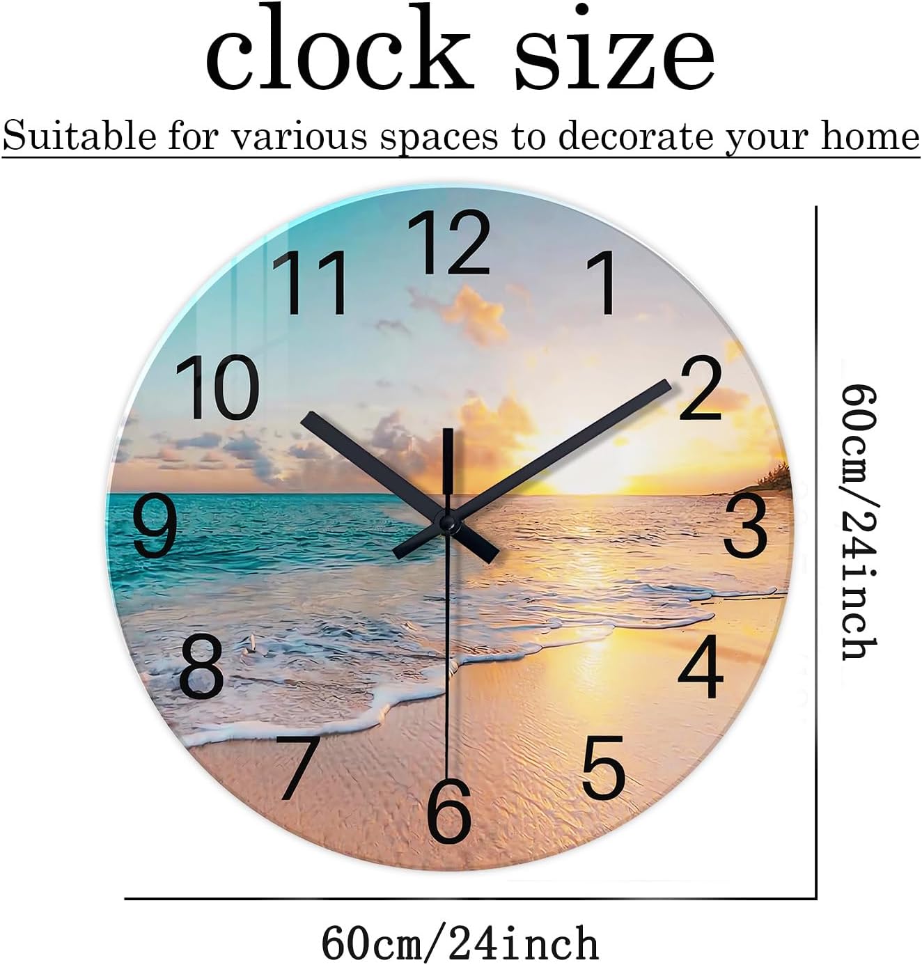 Round Blue Glass Office Wall Clock Decorative 24 Inch Beach Extra Large Wall Clocks Battery Operated Silent Wall Clock Non Ticking